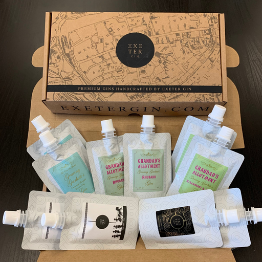 Website favourite - 10 x 5cl pouches Perfect for gifting of sampling, 2x 5cl of granny Garbutt's gin, 2x  5cl Exeter rum, z Rhubarb 2 strawberry and lime. Letterbox gin fits through the door. Environmentally friendly, the perfect postal present or a holiday purchase.   